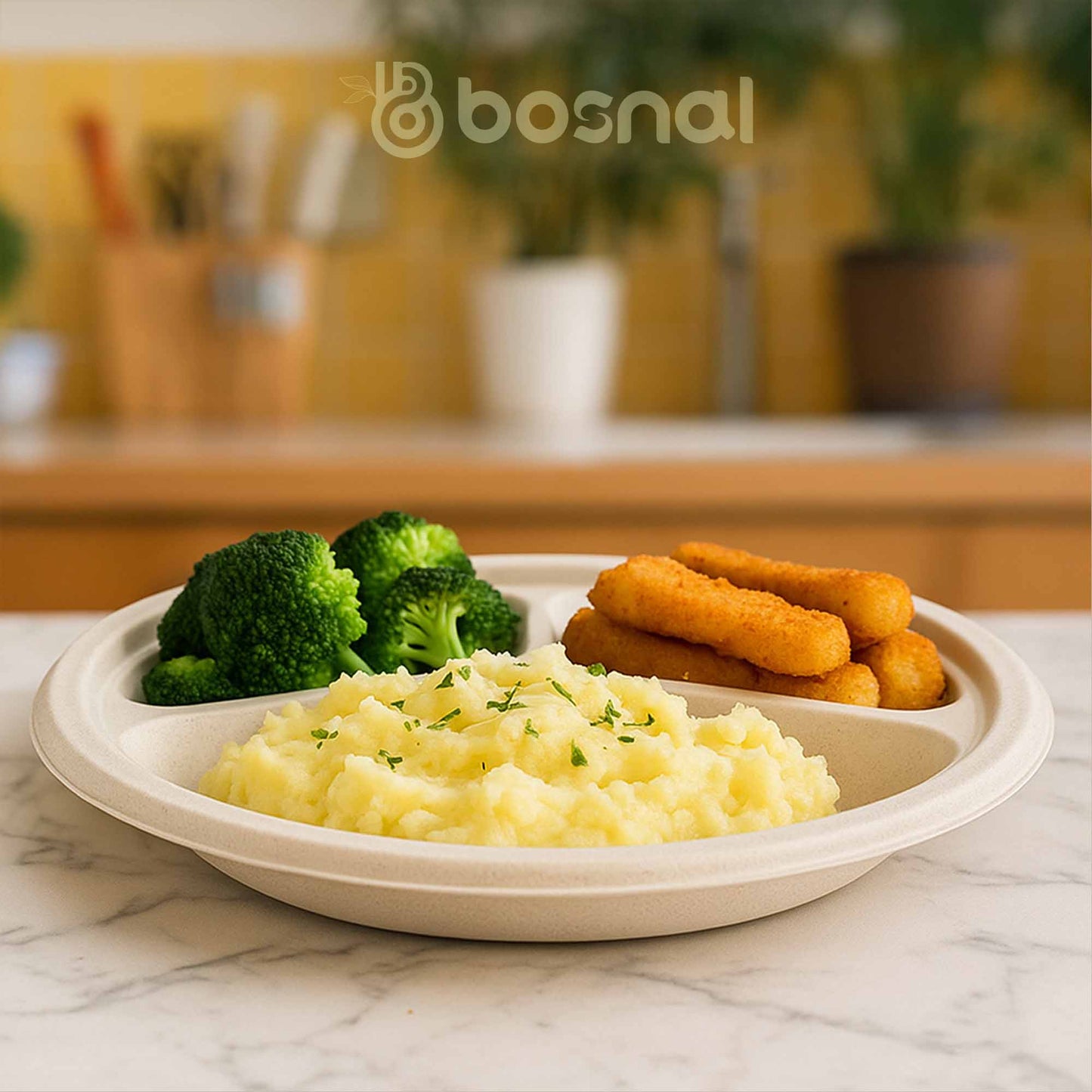 Bosnal - Sugarcane Bagasse Compostable 10 inch Round 3-Compartment Plates - Case of 20 (500 Pcs)