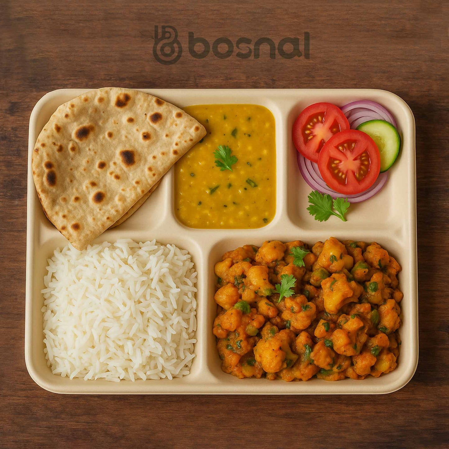 Bosnal – Sugarcane Bagasse Compostable 5-Compartment Trays & 8 Oz Cups with Lids & Cutlery