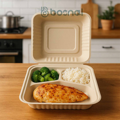 Bosnal - Sugarcane Bagasse Compostable 9 Inch 3-Compartment Clamshell - Case of 8 (200 Pcs)
