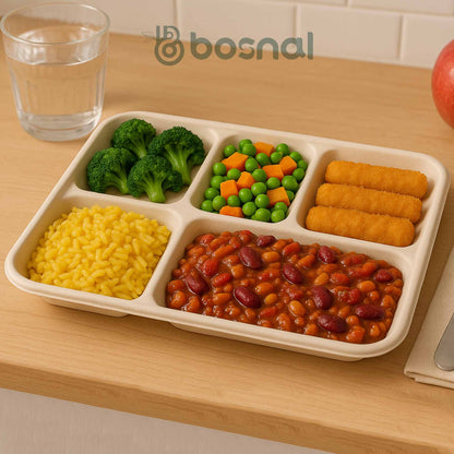 Bosnal - Sugarcane Bagasse Compostable Trays, 10 inch 5-Compartment, Rectangle