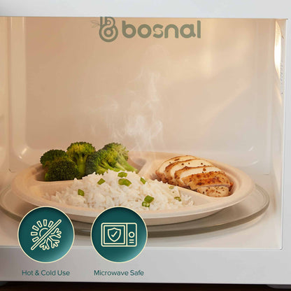 Bosnal - Sugarcane Bagasse Compostable 10 inch Round 3-Compartment Plates - Case of 20 (500 Pcs)