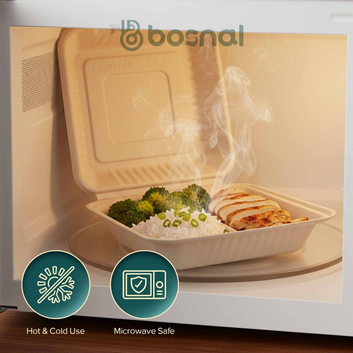 Bosnal - Sugarcane Bagasse Compostable Clamshell Boxes, 9 inch 3-Compartment, Square