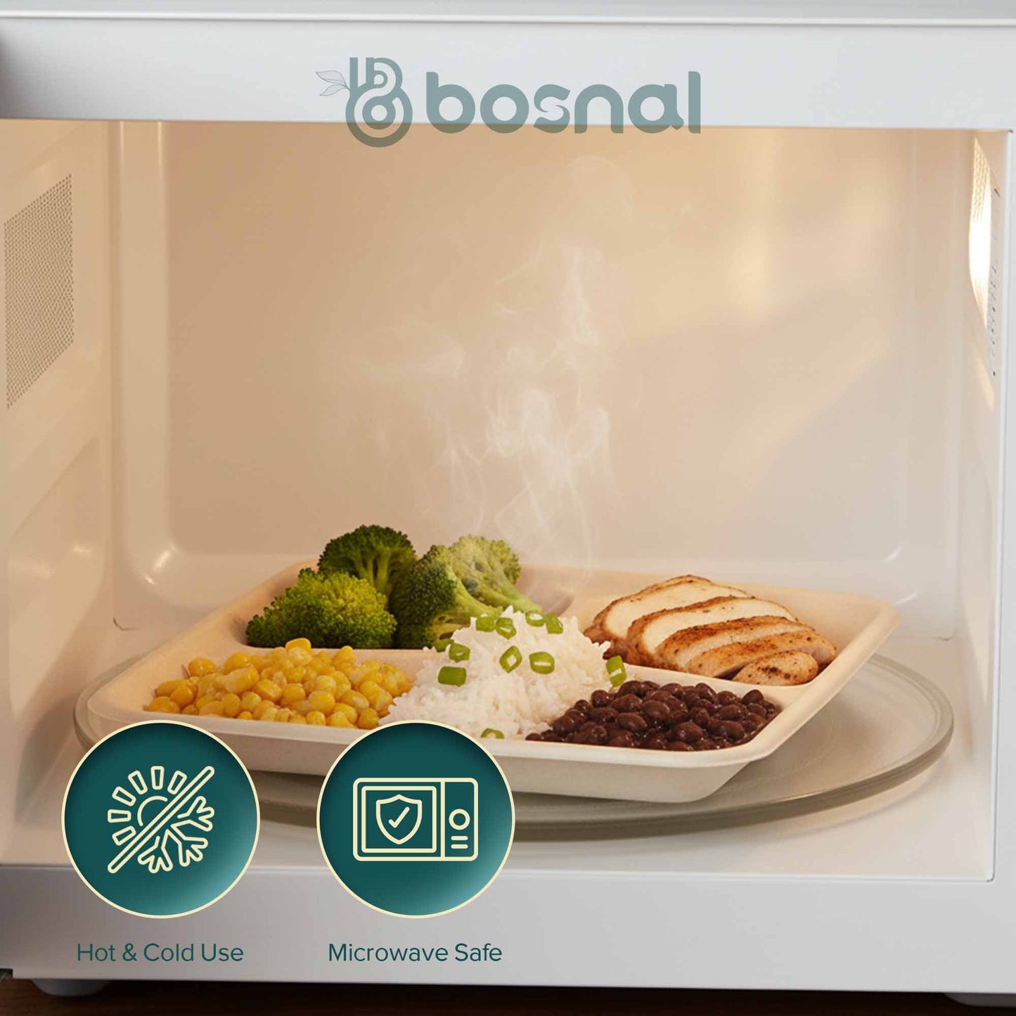 Bosnal - Sugarcane Bagasse Compostable Trays, 10 inch 5-Compartment, Rectangle