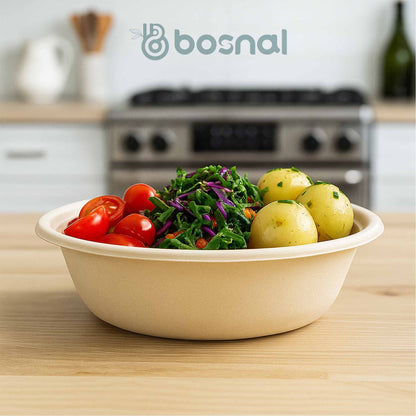 Bosnal – Sugarcane Bagasse Compostable 10 inch & 7 inch Round Plates, 10 inch Oval Plates, 32 Oz Bowls, 8 Oz Cups with Lids & Cutlery