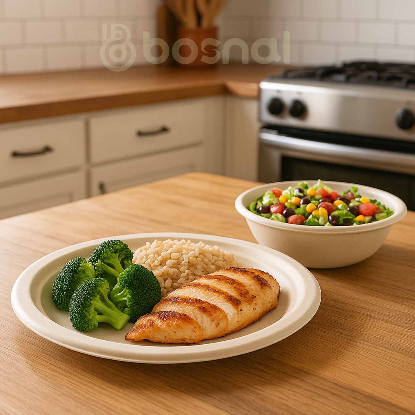 Bosnal - Sugarcane Bagasse Compostable 10 inch Round Plates with 32 Oz Bowls