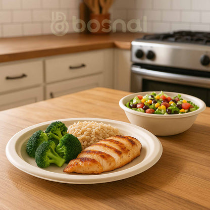 Bosnal - Sugarcane Bagasse Compostable 10 inch Round Plates with 32 Oz Bowls