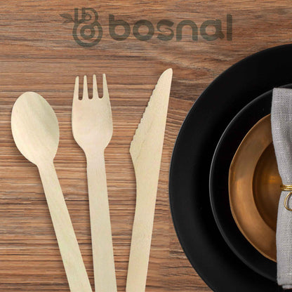 Bosnal – Wooden Disposable Cutlery Set, 6.5 inch, 100 Pcs, Birch Wood Spoons, Forks & Knives