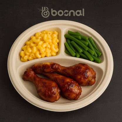 Bosnal - Sugarcane Bagasse Compostable Plates, 10 inch 3-Compartment, Round