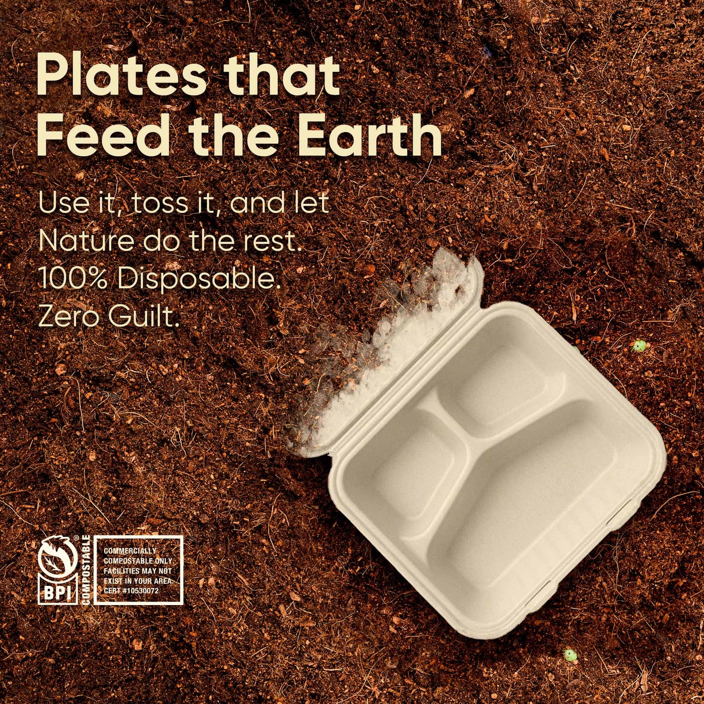 Bosnal - Sugarcane Bagasse Compostable Clamshell Boxes, 9 inch 3-Compartment, Square