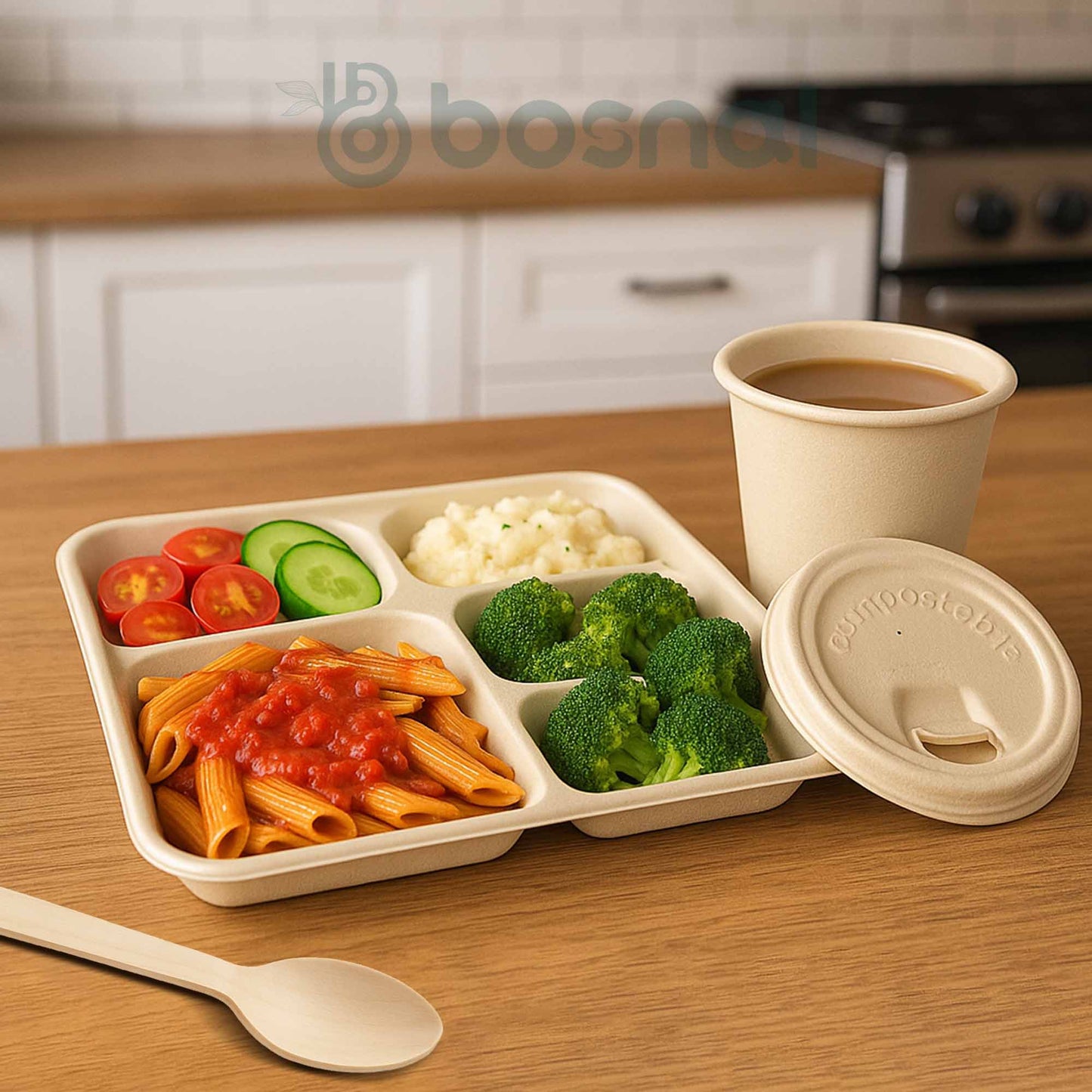 Bosnal – Sugarcane Bagasse Compostable 5-Compartment Trays & 8 Oz Cups with Lids & Cutlery