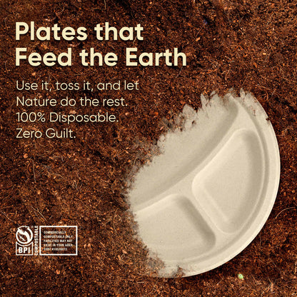 Bosnal - Sugarcane Bagasse Compostable 10 inch Round 3-Compartment Plates - Case of 20 (500 Pcs)