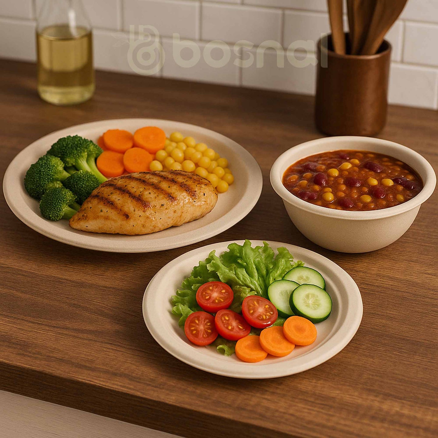 Bosnal – Sugarcane Bagasse Compostable 10 inch & 7 inch Round Plates with 32 Oz Bowls