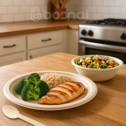 Bosnal – Sugarcane Bagasse Compostable 10 inch Round Plates with 32 Oz Bowls and Cutlery
