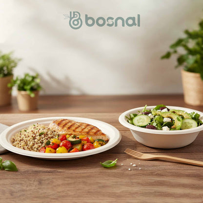 Bosnal – Sugarcane Bagasse Compostable 10 inch Round Plates with 16 Oz Bowls and Cutlery