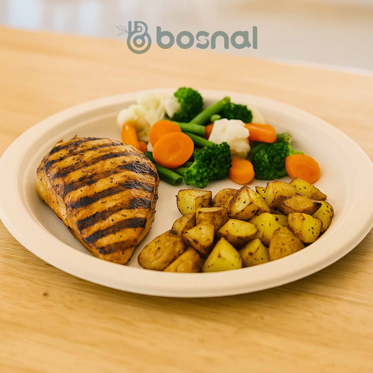 Bosnal – Sugarcane Bagasse Compostable 10 inch & 7 inch Round Plates, 10 inch Oval Plates, 16 Oz Bowls, 8 Oz Cups with Lids & Cutlery