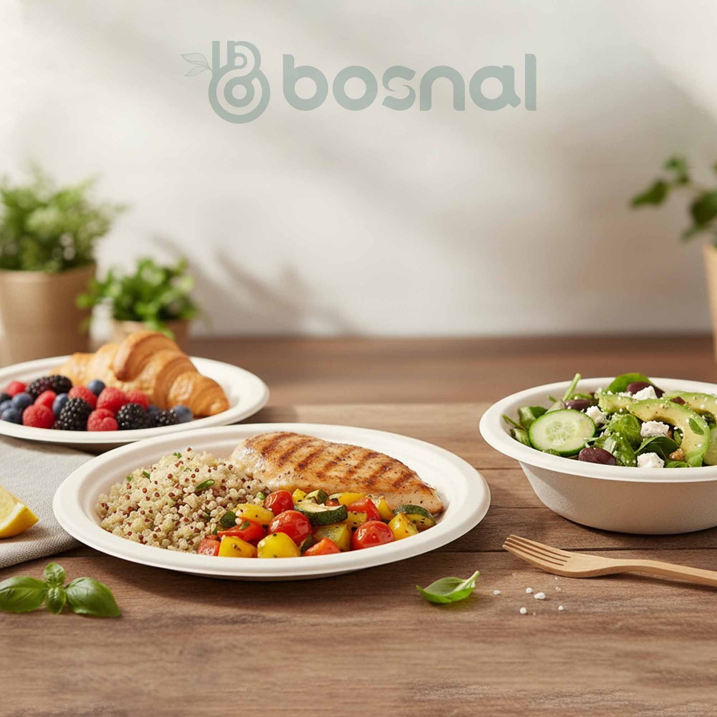 Bosnal – Sugarcane Bagasse Compostable 10 inch & 7 inch Round Plates with 16 Oz Bowls and Cutlery