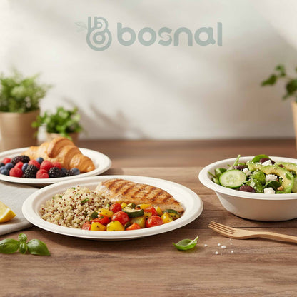 Bosnal – Sugarcane Bagasse Compostable 10 inch & 7 inch Round Plates with 16 Oz Bowls and Cutlery