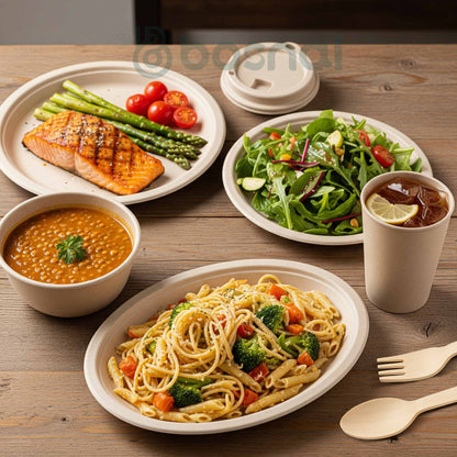 Bosnal – Sugarcane Bagasse Compostable 10 inch & 7 inch Round Plates, 10 inch Oval Plates, 32 Oz Bowls, 8 Oz Cups with Lids & Cutlery