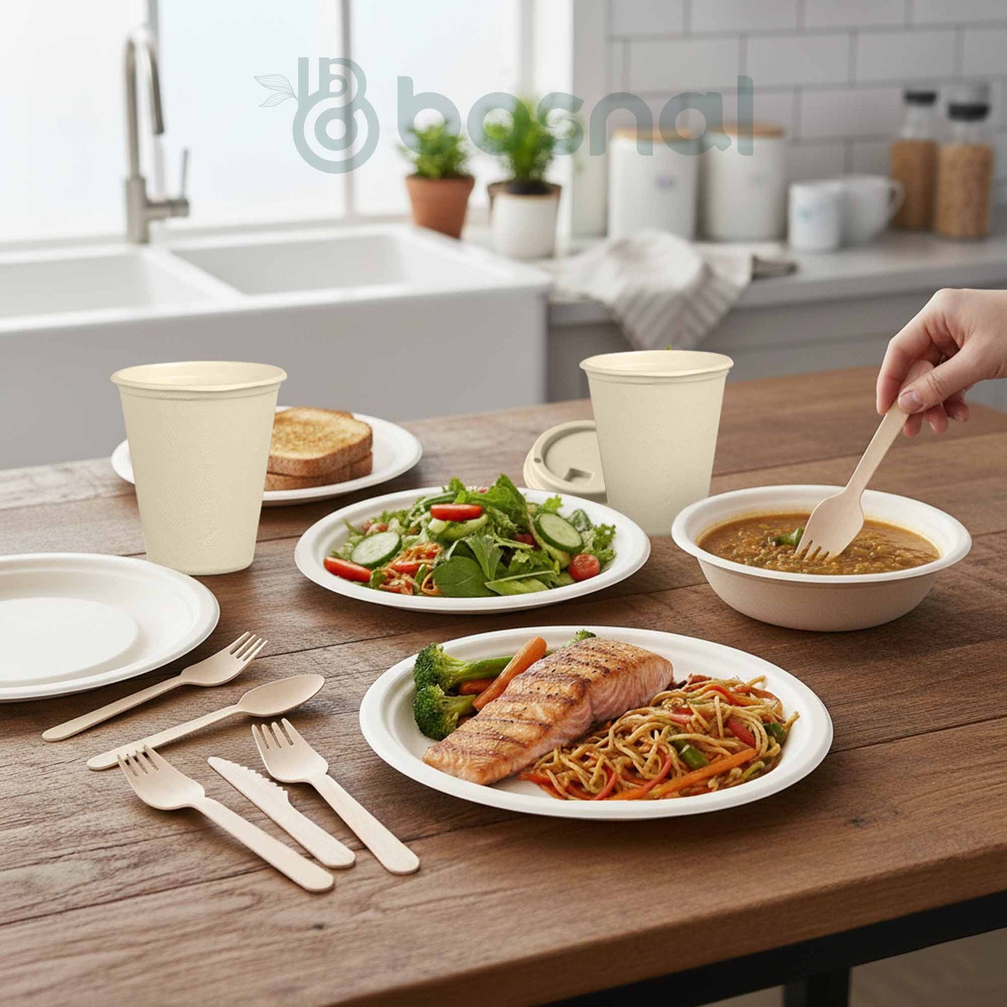 Bosnal – Sugarcane Bagasse Compostable 10 inch & 7 inch Round Plates, 10 inch Oval Plates, 16 Oz Bowls, 8 Oz Cups with Lids & Cutlery