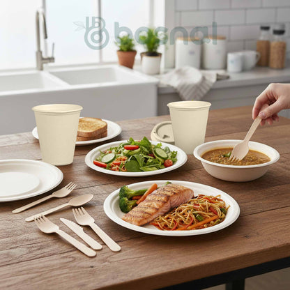 Bosnal – Sugarcane Bagasse Compostable 10 inch & 7 inch Round Plates, 10 inch Oval Plates, 16 Oz Bowls, 8 Oz Cups with Lids & Cutlery