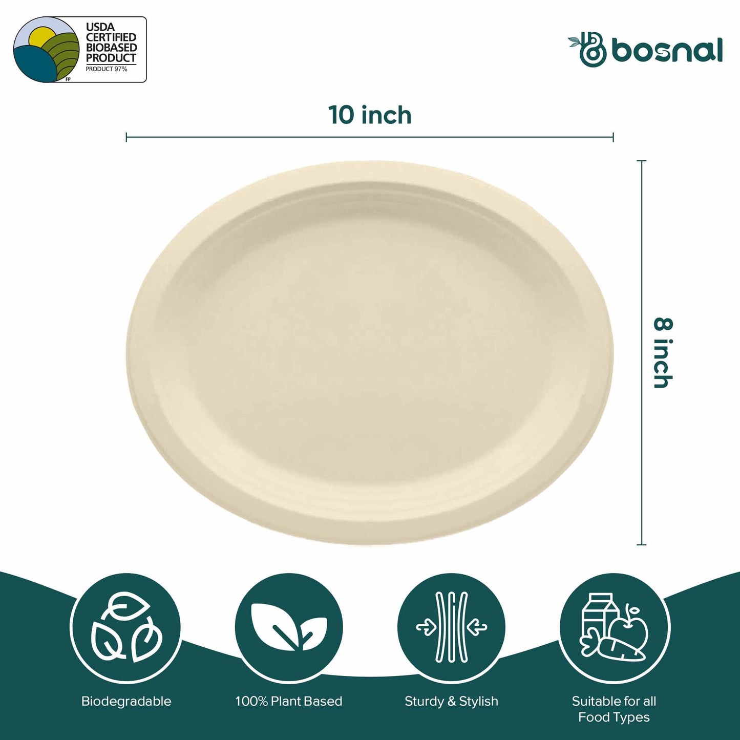 Bosnal - Sugarcane Bagasse Compostable Plates, 10 inch, Oval
