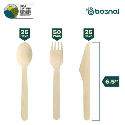 Bosnal – Wooden Disposable Cutlery Set, 6.5 inch, 100 Pcs, Birch Wood Spoons, Forks & Knives
