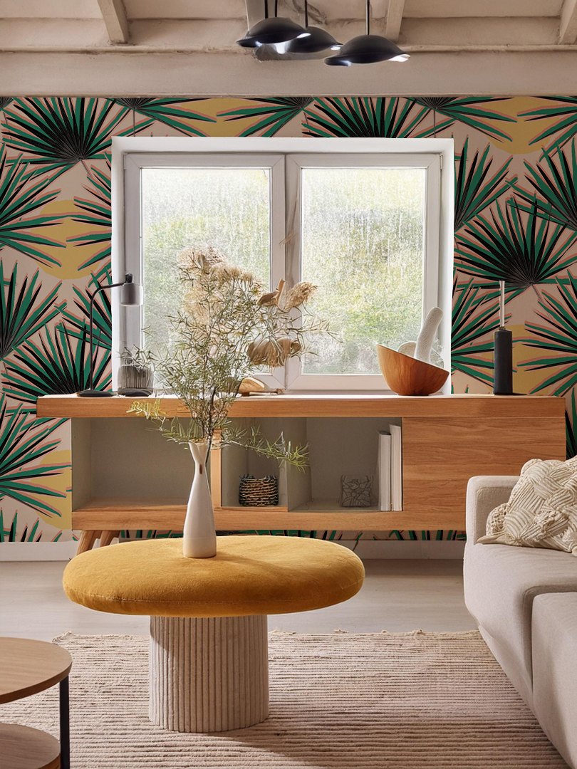 Palm Deco Wallpaper, green and yellow