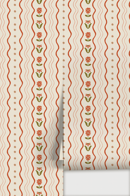 Posy Lane Stripe Wallpaper, beige and poppy red