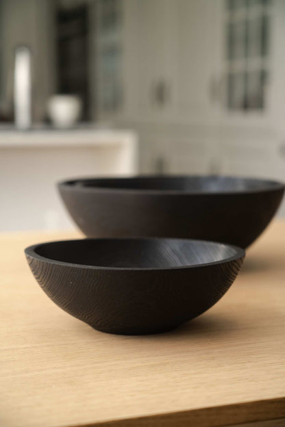 Hand Carved Charred Wooden Salad Bowl Set