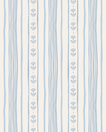 Daisy Chain Stripe Wallpaper, beige and light blue