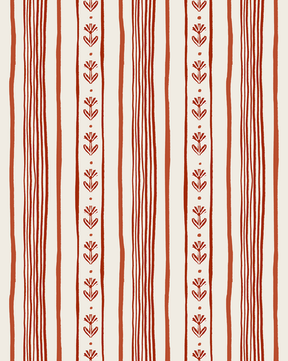 Daisy Chain Stripe Wallpaper, beige and brick red