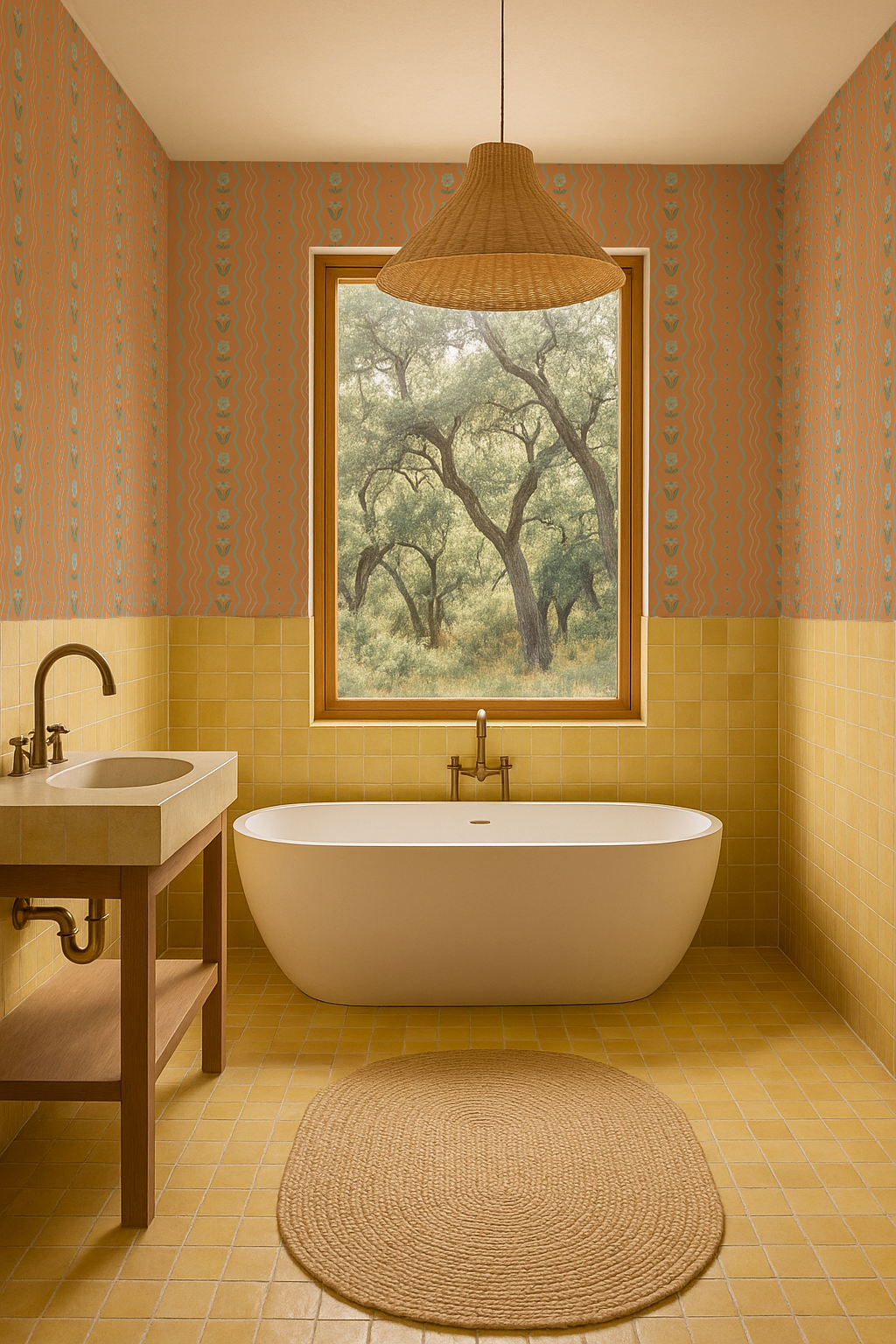 Posy Lane Stripe Wallpaper, apricot and light blue