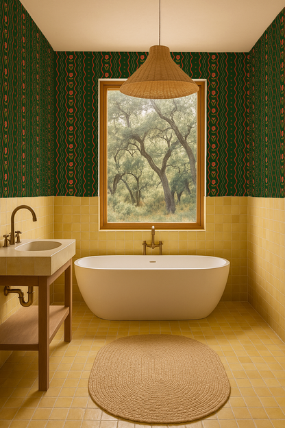 Posy Lane Stripe Wallpaper, dark green and poppy red