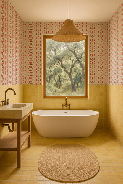 Posy Lane Stripe Wallpaper, beige and poppy red