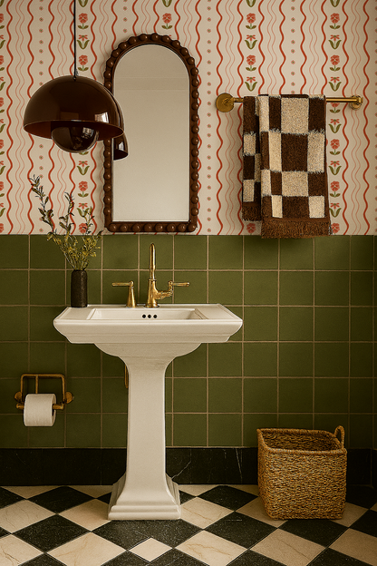 Posy Lane Stripe Wallpaper, beige and poppy red