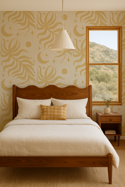 Lunar Leaf Wallpaper, beige and lemon