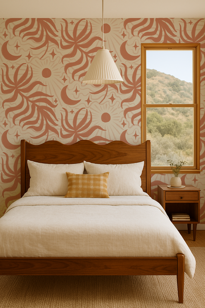 Lunar Leaf Wallpaper, beige and terra cotta