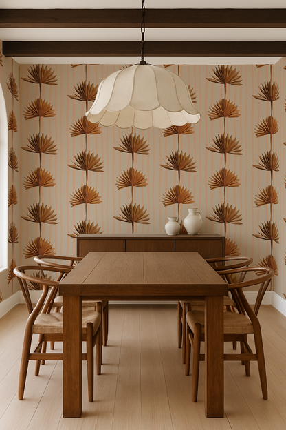 Stripey Palm Wallpaper, neutral peach and mustard