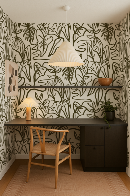 Inked Foliage Wallpaper, white and olive green