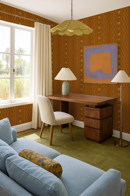 Posy Lane Stripe Wallpaper, golden brown and orange