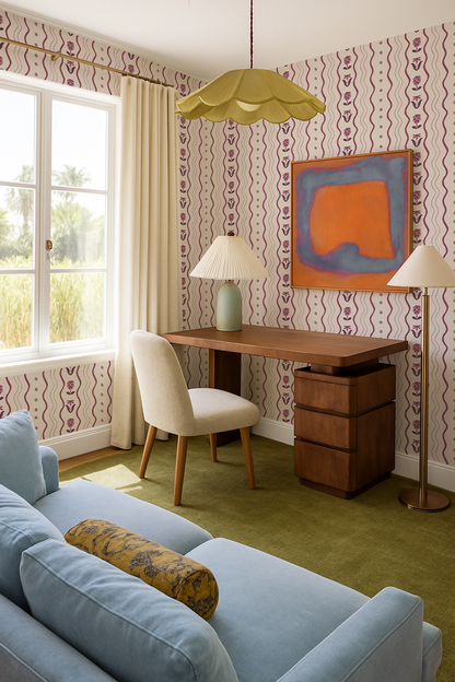 Posy Lane Stripe Wallpaper, beige and plum purple