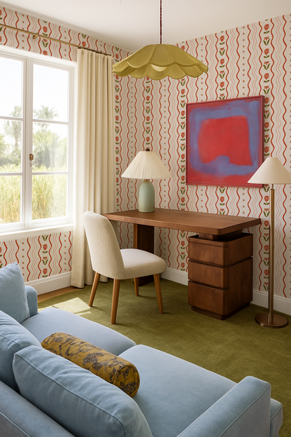 Posy Lane Stripe Wallpaper, beige and poppy red