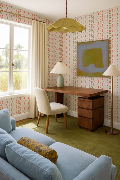 Posy Lane Stripe Wallpaper, beige and terra cotta