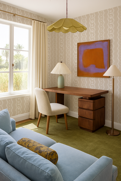 Posy Lane Stripe Wallpaper, tan and white