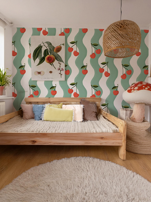 Wavy Cherry Wallpaper, white and teal