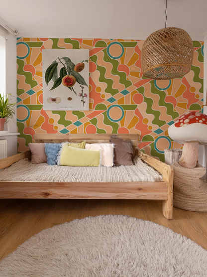 Day Trippin' Wallpaper, olive green, peach, coral and blue