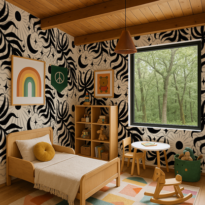 Lunar Leaf Wallpaper, beige and black