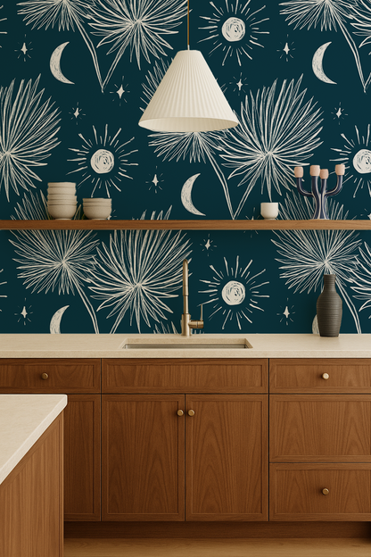 Night Palm Wallpaper, navy and white