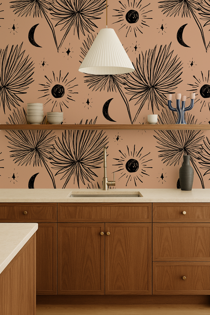 Night Palm Wallpaper, terra cotta and black
