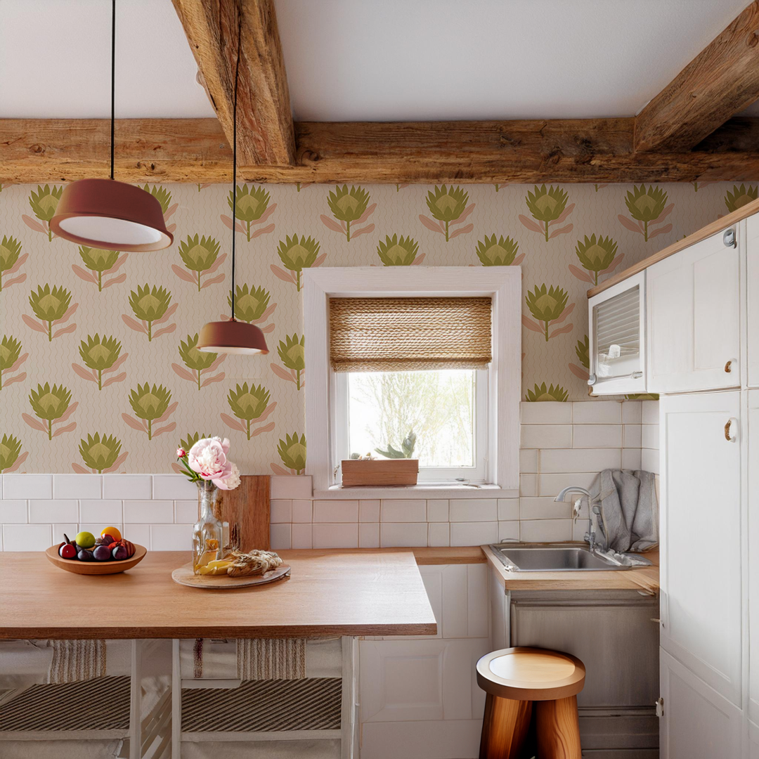 King Protea Wallpaper, tan and olive